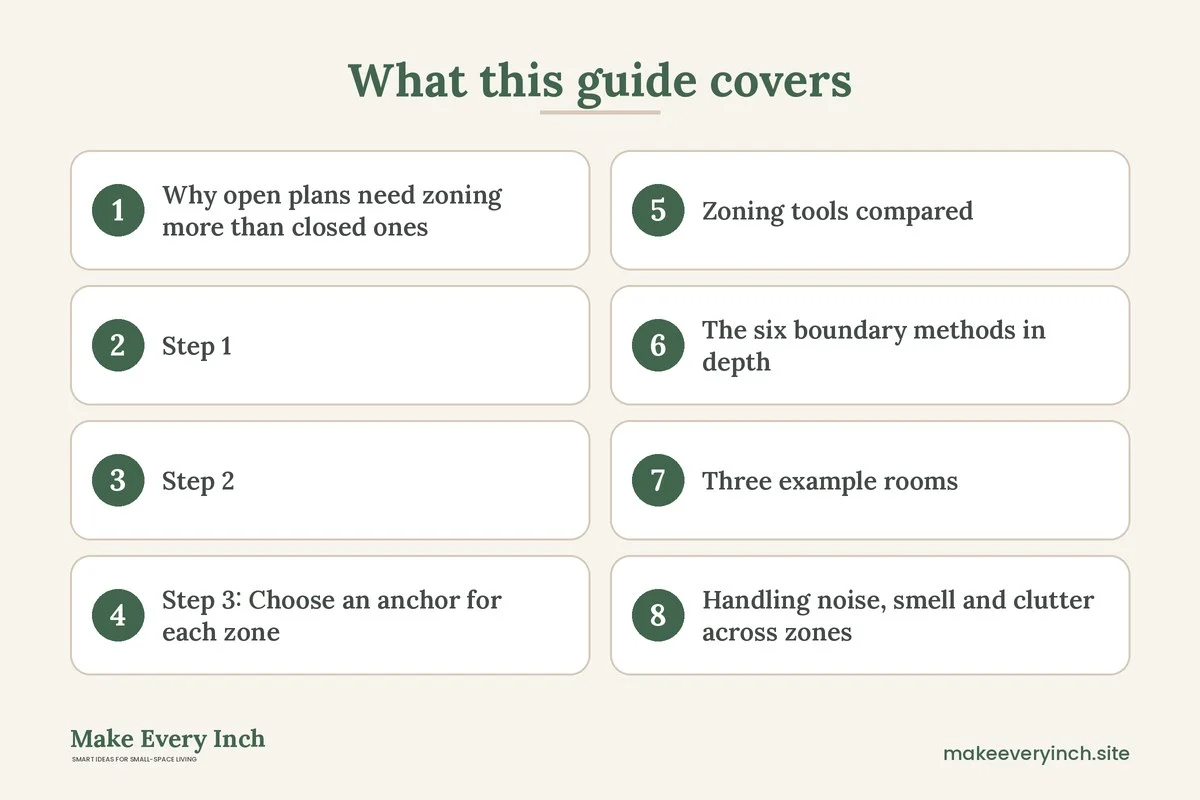 Graphic listing 8 topics covered in: How to Zone a Small Open-Plan Home Without Building Walls