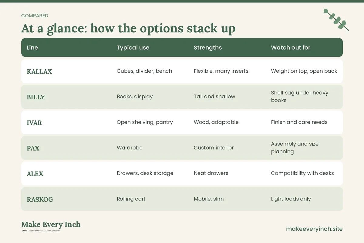Comparison table of options for: 21 IKEA Small Space Ideas Using Popular Storage Lines (Line, Typical use, Strengths, Watch out for)