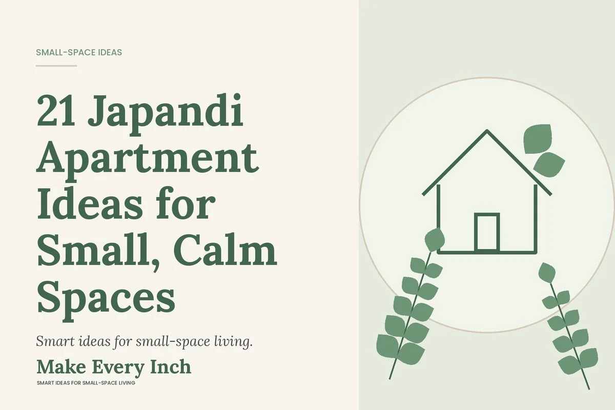 21 Japandi Apartment Ideas for Small, Calm Spaces, Make Every Inch cover with a house and leaf illustration