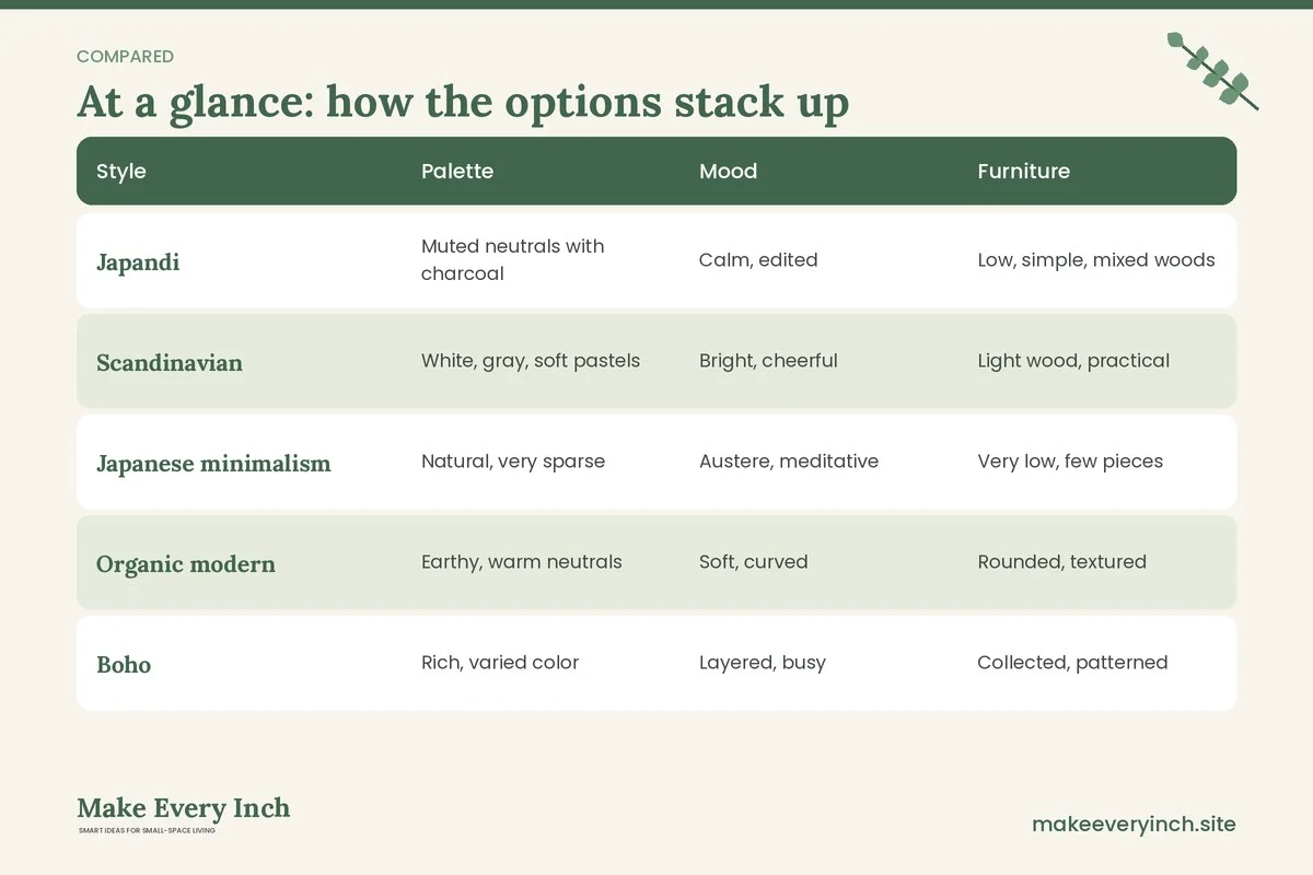 Comparison table of options for: 21 Japandi Apartment Ideas for Small, Calm Spaces (Style, Palette, Mood, Furniture)