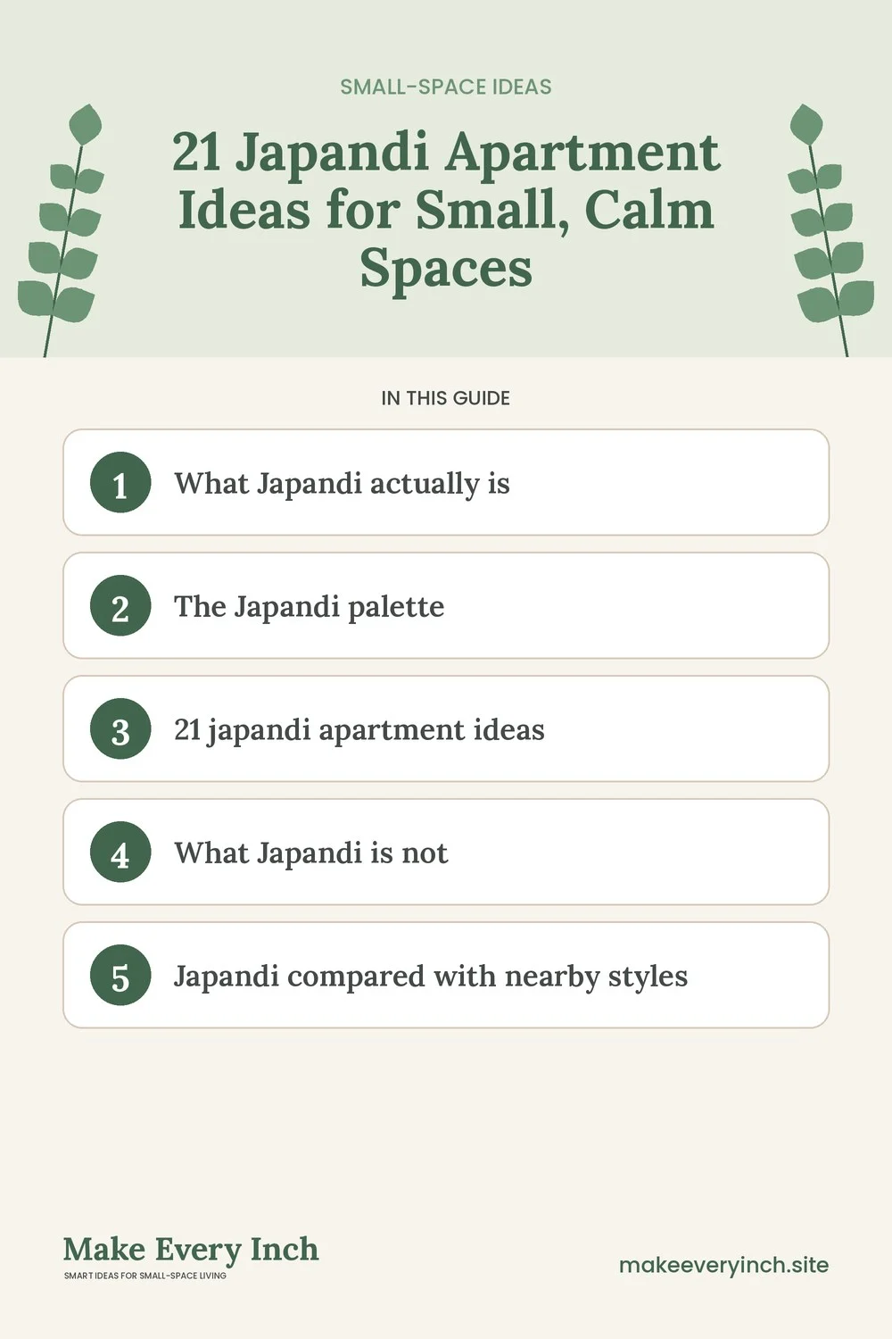 Pinterest pin listing the main topics in: 21 Japandi Apartment Ideas for Small, Calm Spaces