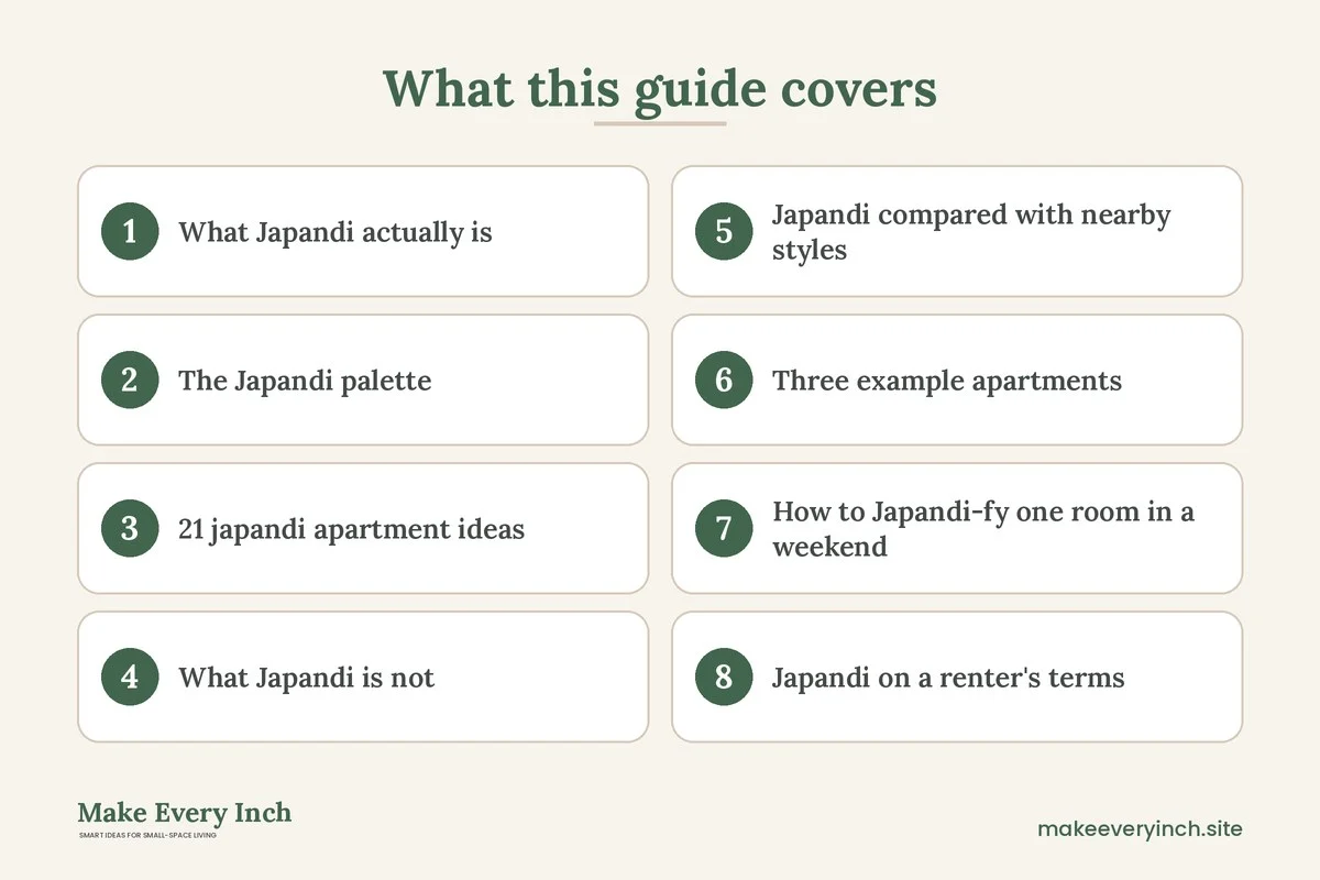 Graphic listing 8 topics covered in: 21 Japandi Apartment Ideas for Small, Calm Spaces
