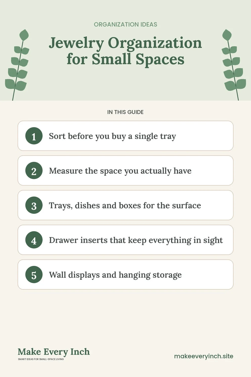 Pinterest pin listing the main topics in: Jewelry Organization for Small Spaces