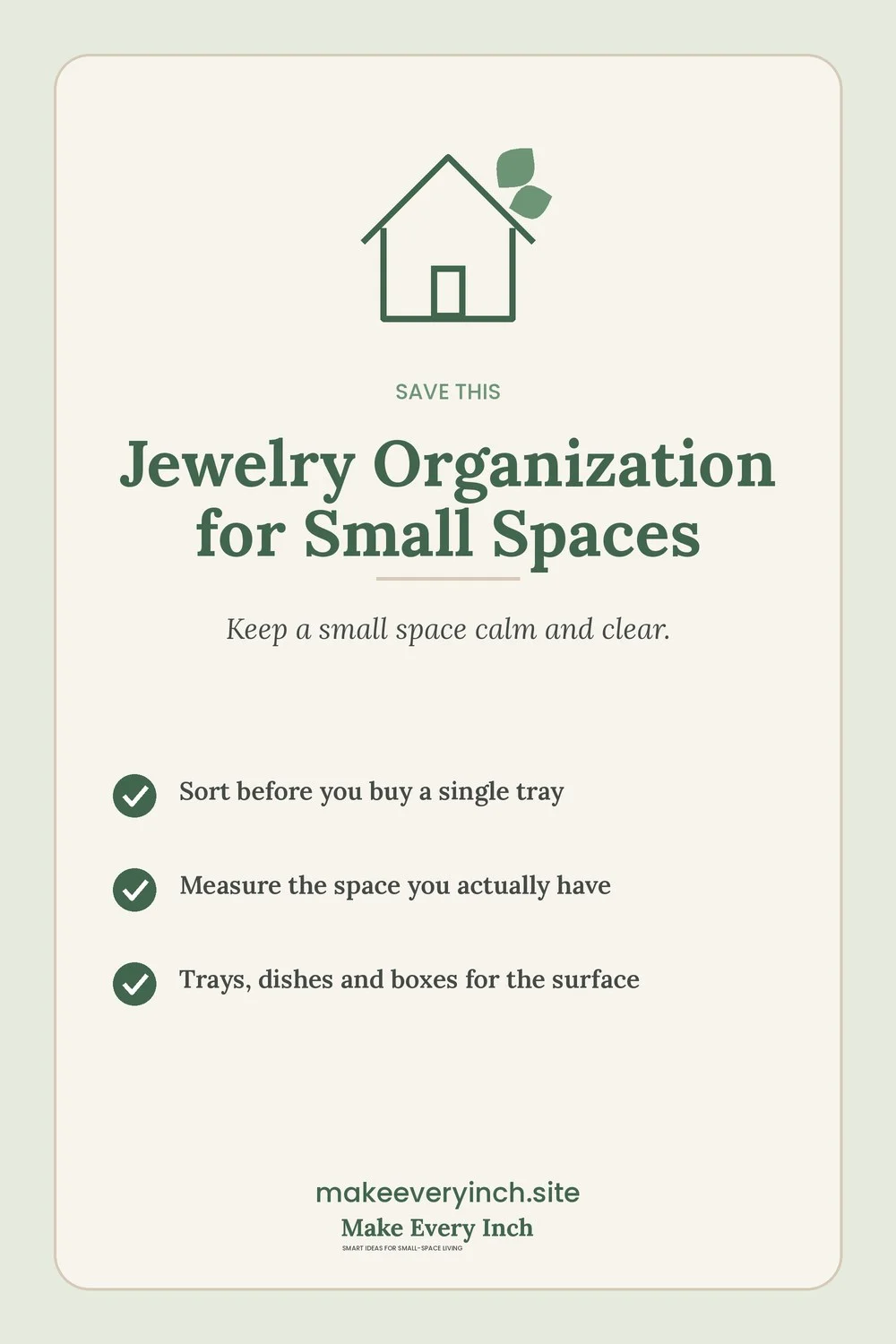 Save-this Pinterest pin with a short checklist for: Jewelry Organization for Small Spaces