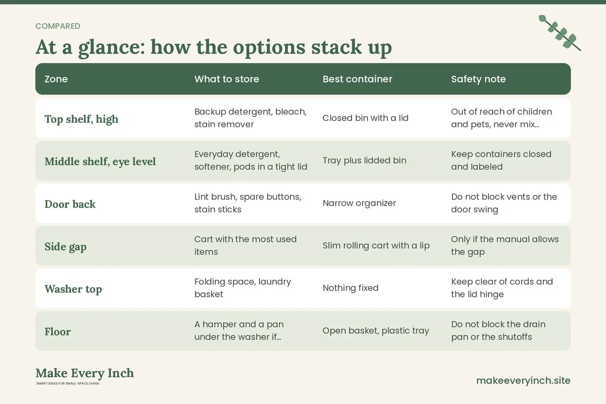 Comparison table of options for: 15 Laundry Closet Organization Ideas for Tight Hall and Bedroom Closets (Zone, What to store, Best container, Safety note)