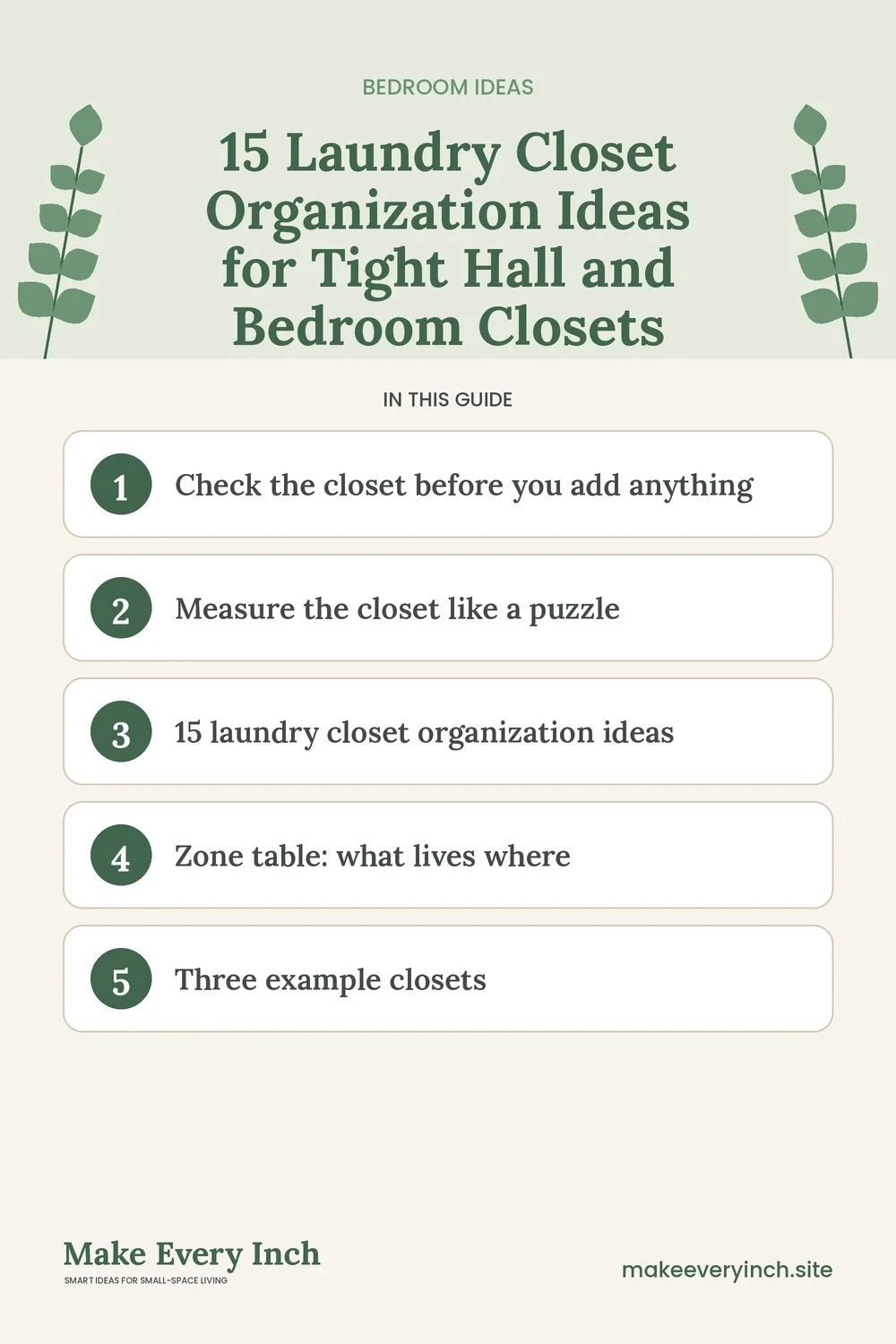 Pinterest pin listing the main topics in: 15 Laundry Closet Organization Ideas for Tight Hall and Bedroom Closets
