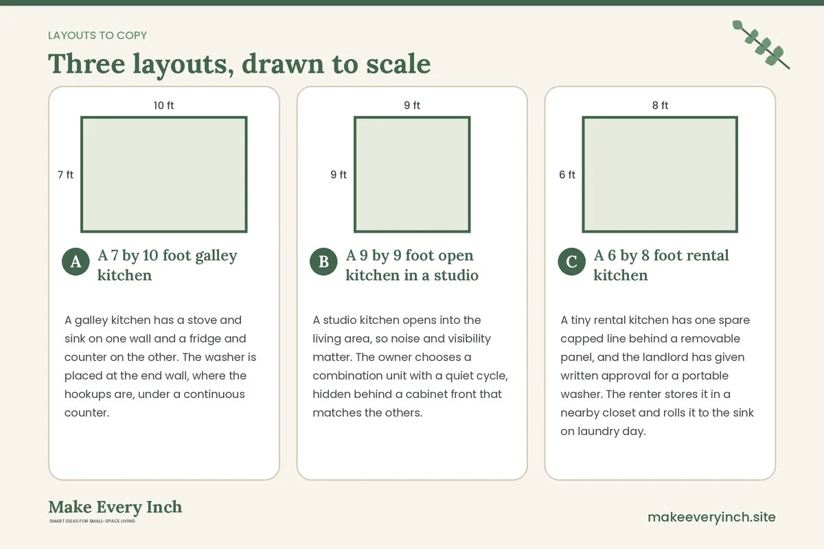 Three room layouts drawn to scale with dimensions and placement notes for: 14 Laundry Room Ideas in a Kitchen, Washer Beside the Stove