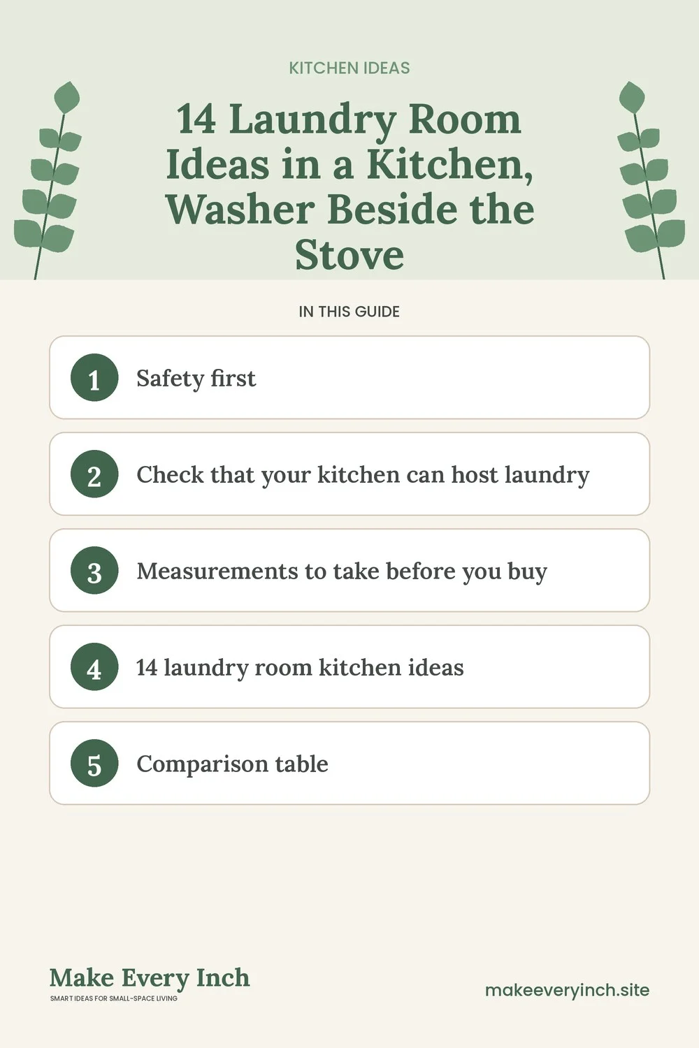 Pinterest pin listing the main topics in: 14 Laundry Room Ideas in a Kitchen, Washer Beside the Stove