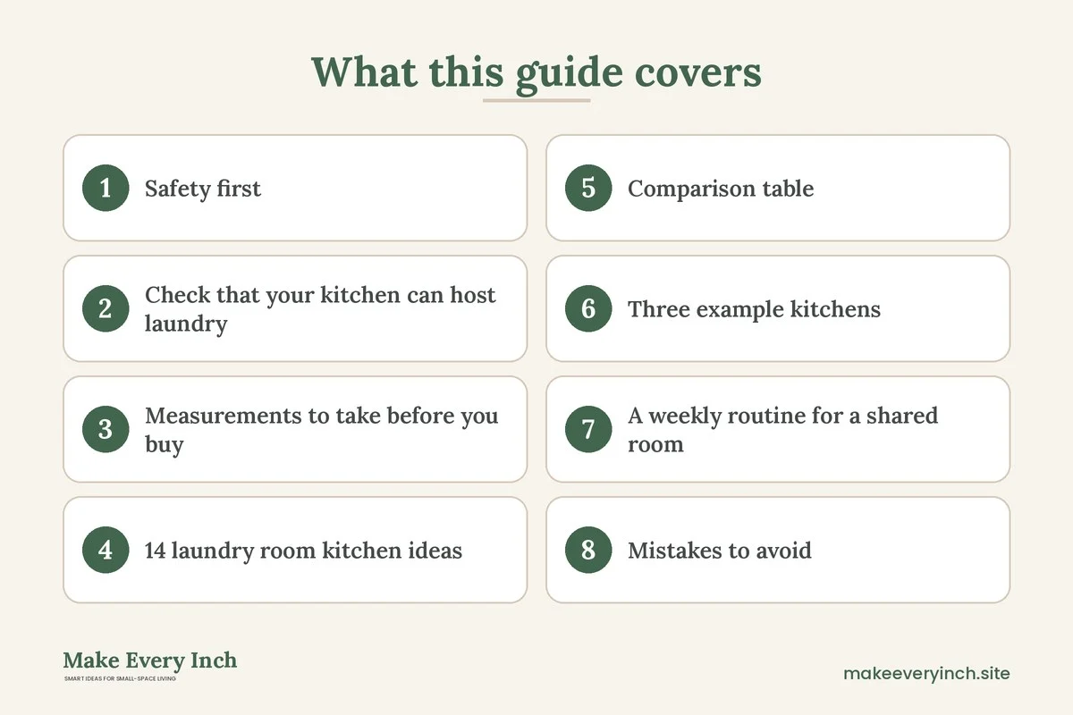Graphic listing 8 topics covered in: 14 Laundry Room Ideas in a Kitchen, Washer Beside the Stove