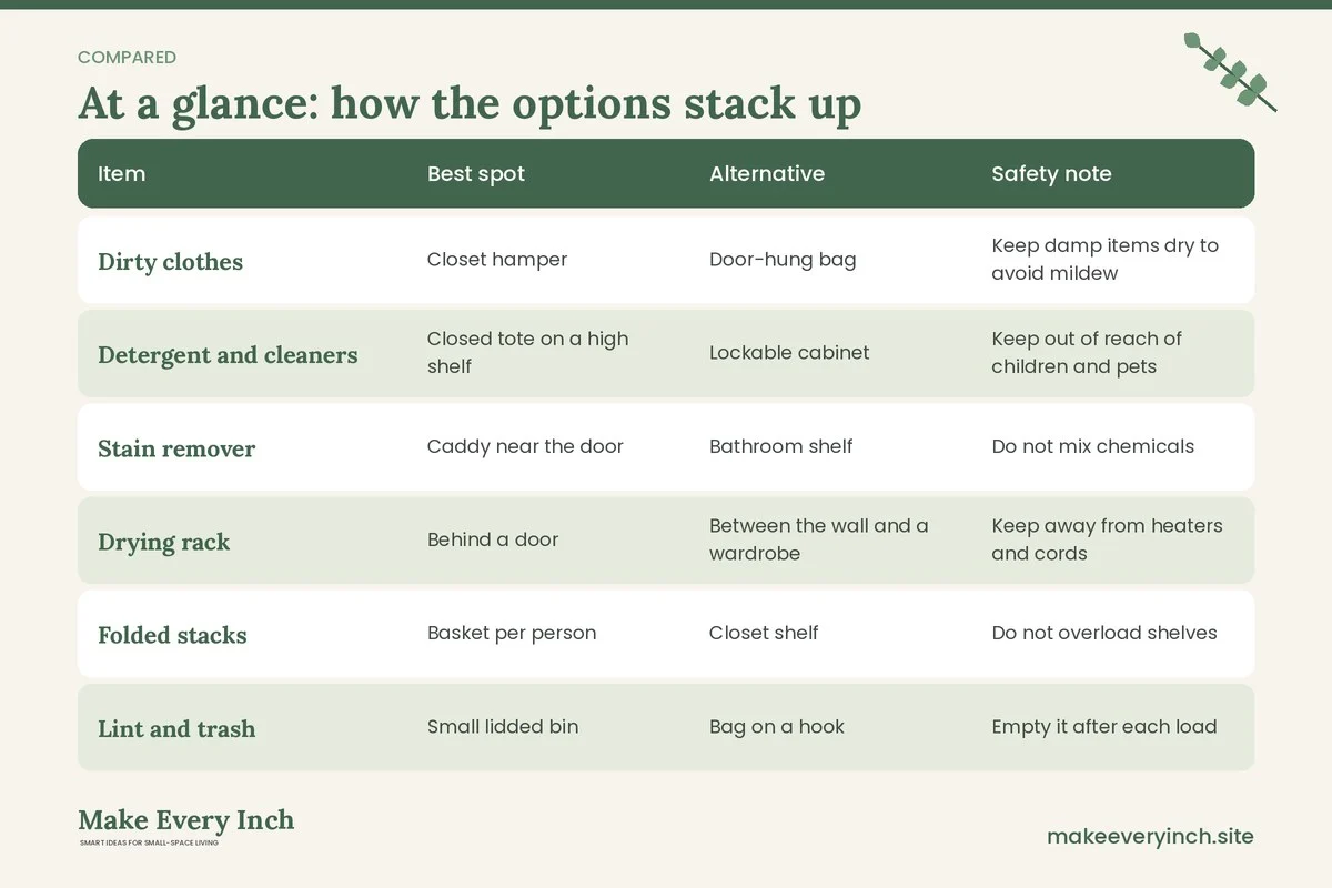 Comparison table of options for: 15 Laundry Storage Ideas When You Have No Laundry Room (Item, Best spot, Alternative, Safety note)