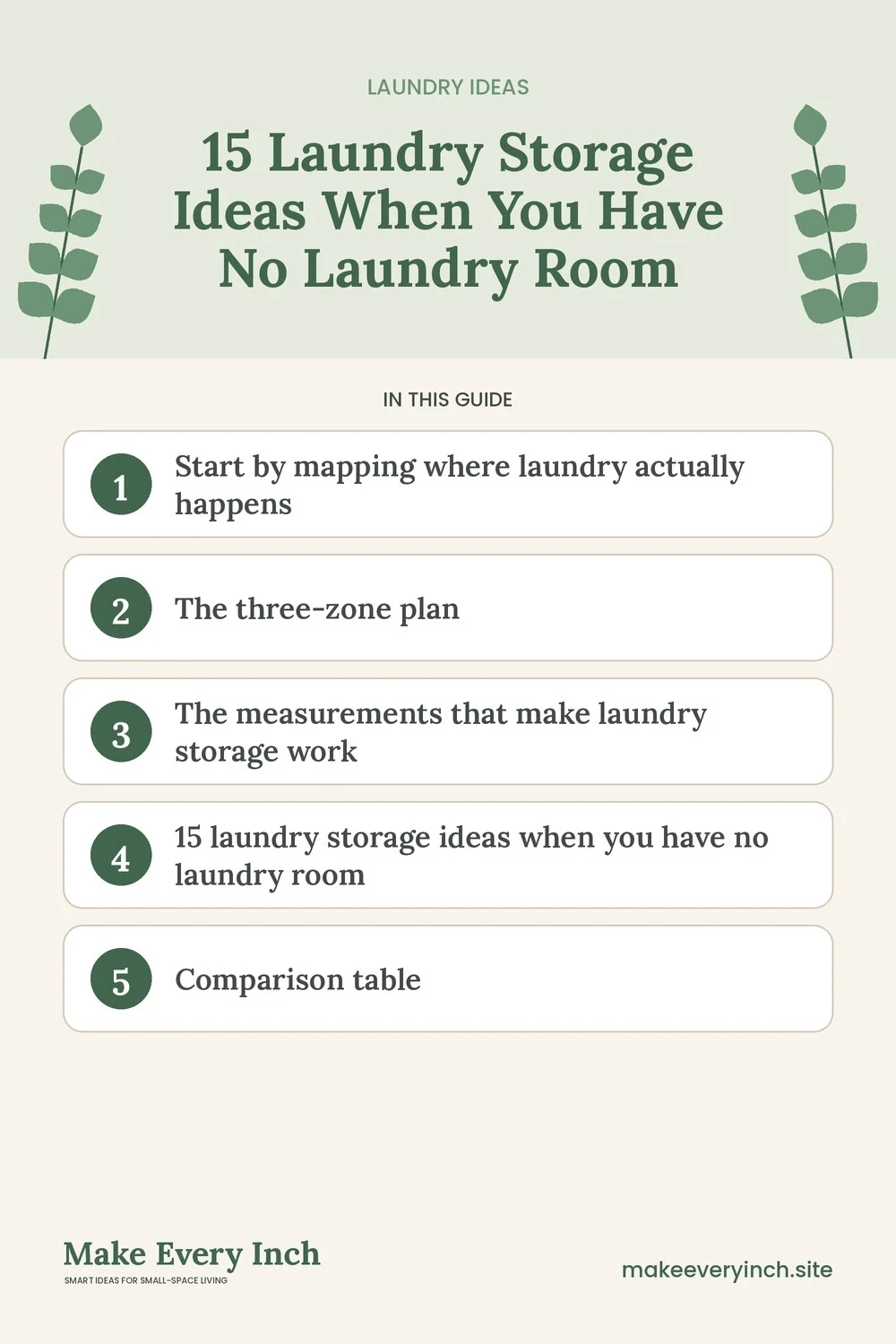 Pinterest pin listing the main topics in: 15 Laundry Storage Ideas When You Have No Laundry Room