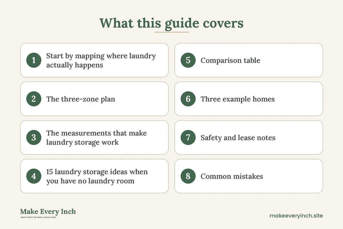 Graphic listing 8 topics covered in: 15 Laundry Storage Ideas When You Have No Laundry Room