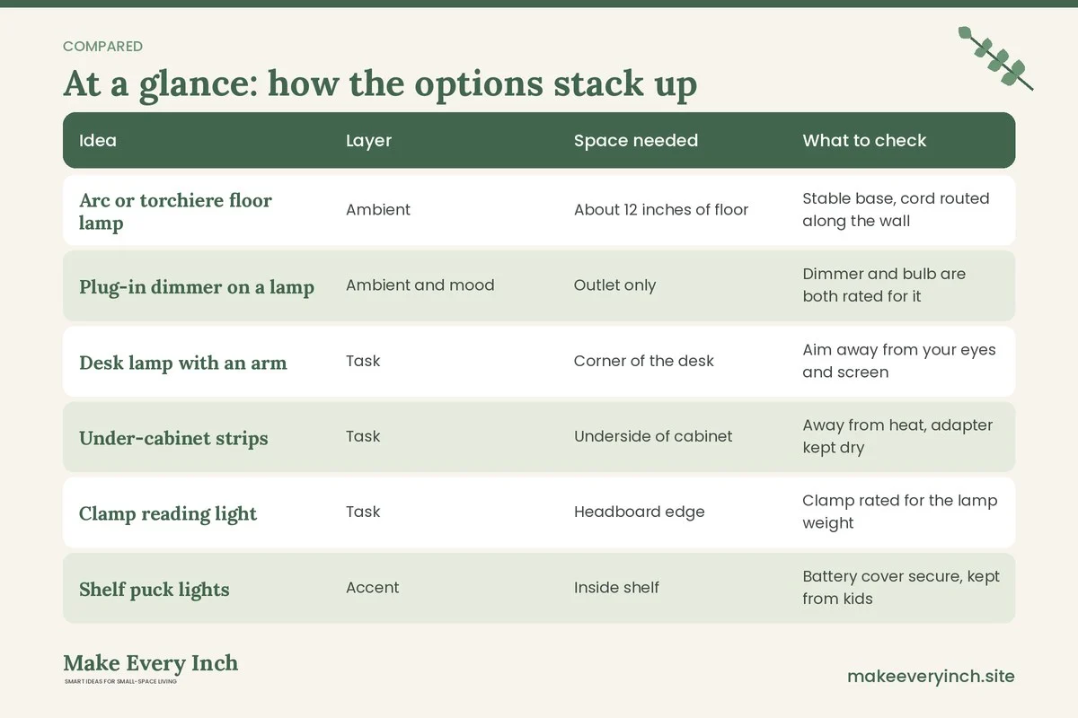 Comparison table of options for: 16 Layered Lighting Ideas for Small Apartments, Zone by Zone (Idea, Layer, Space needed, What to check)