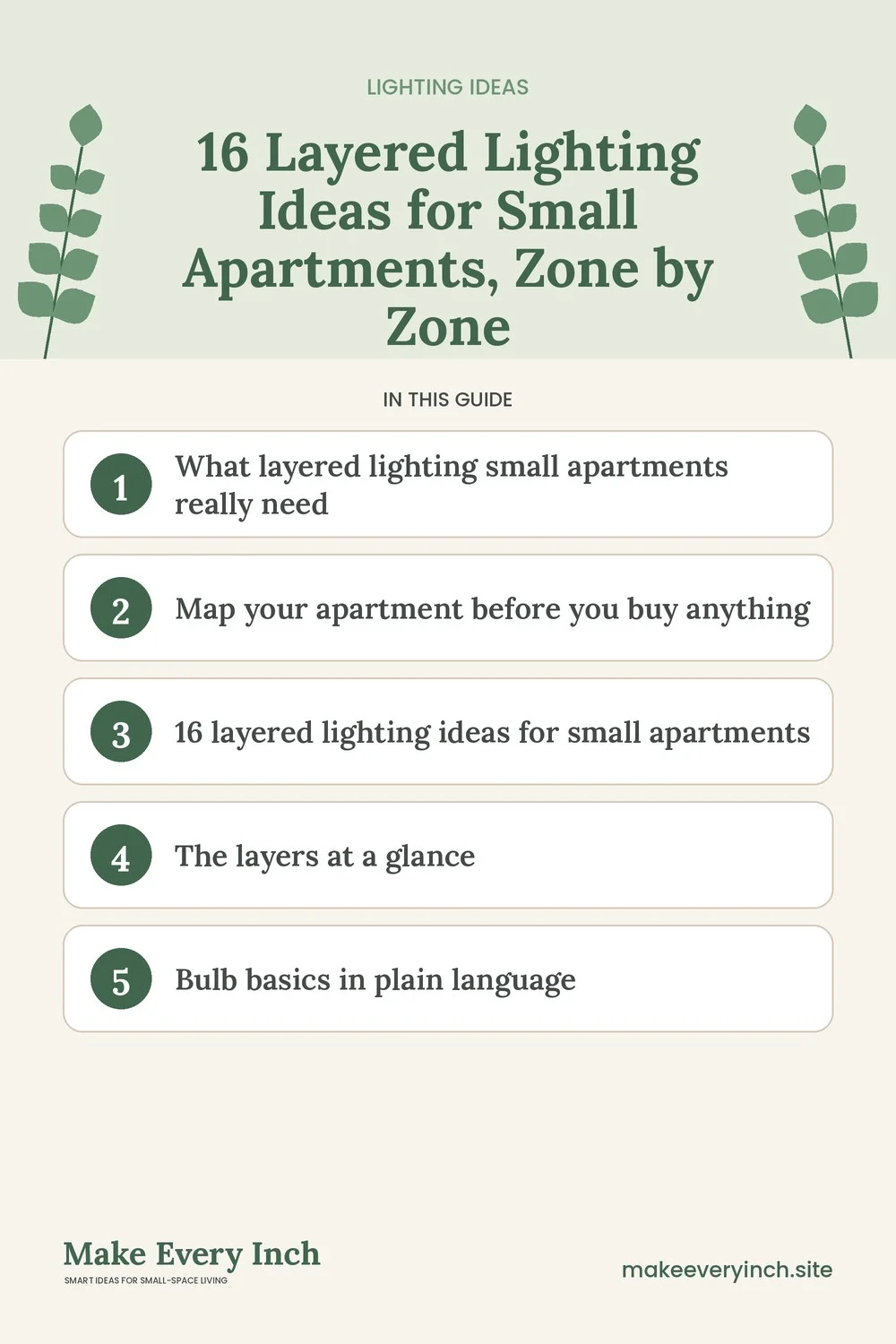 Pinterest pin listing the main topics in: 16 Layered Lighting Ideas for Small Apartments, Zone by Zone