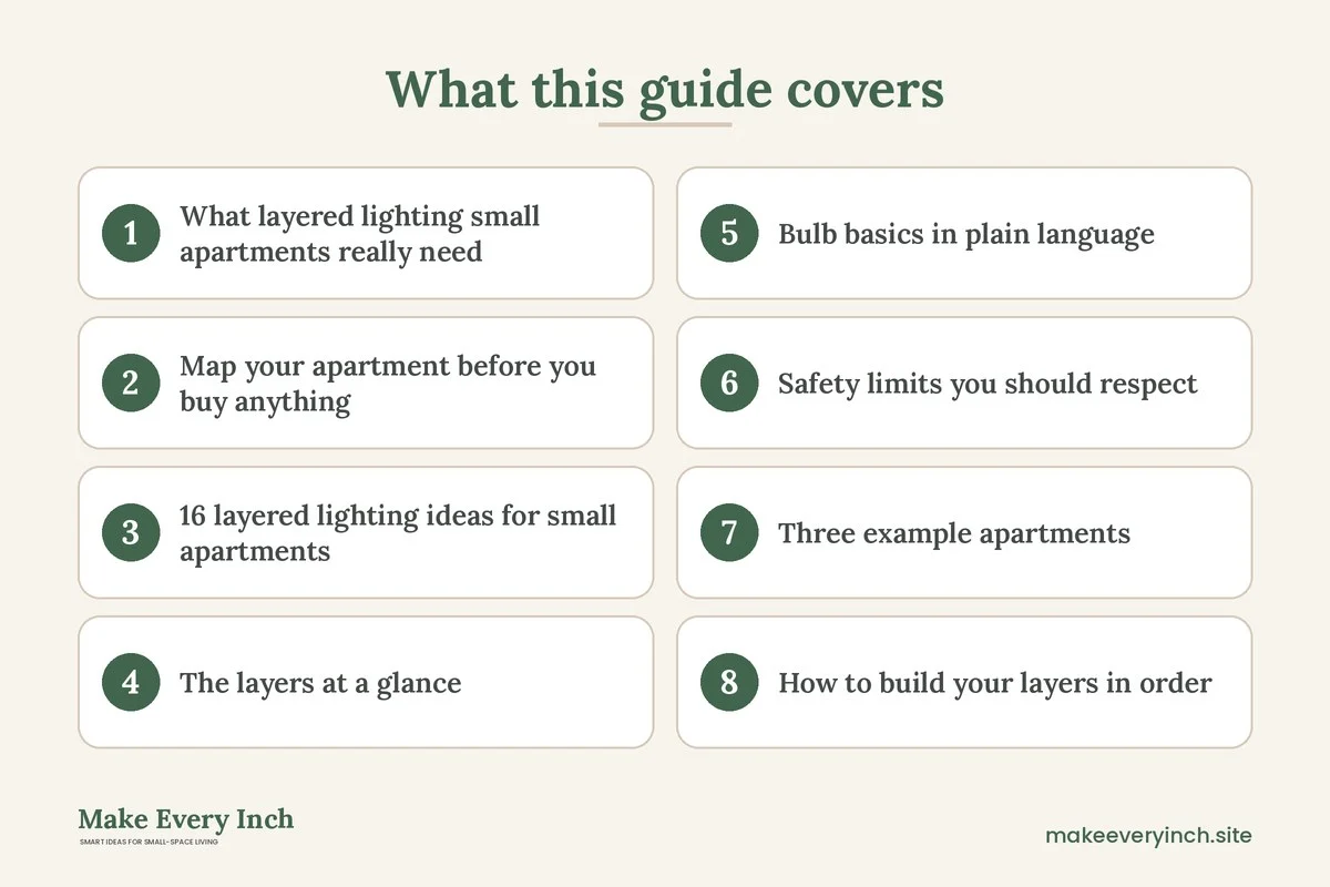 Graphic listing 8 topics covered in: 16 Layered Lighting Ideas for Small Apartments, Zone by Zone