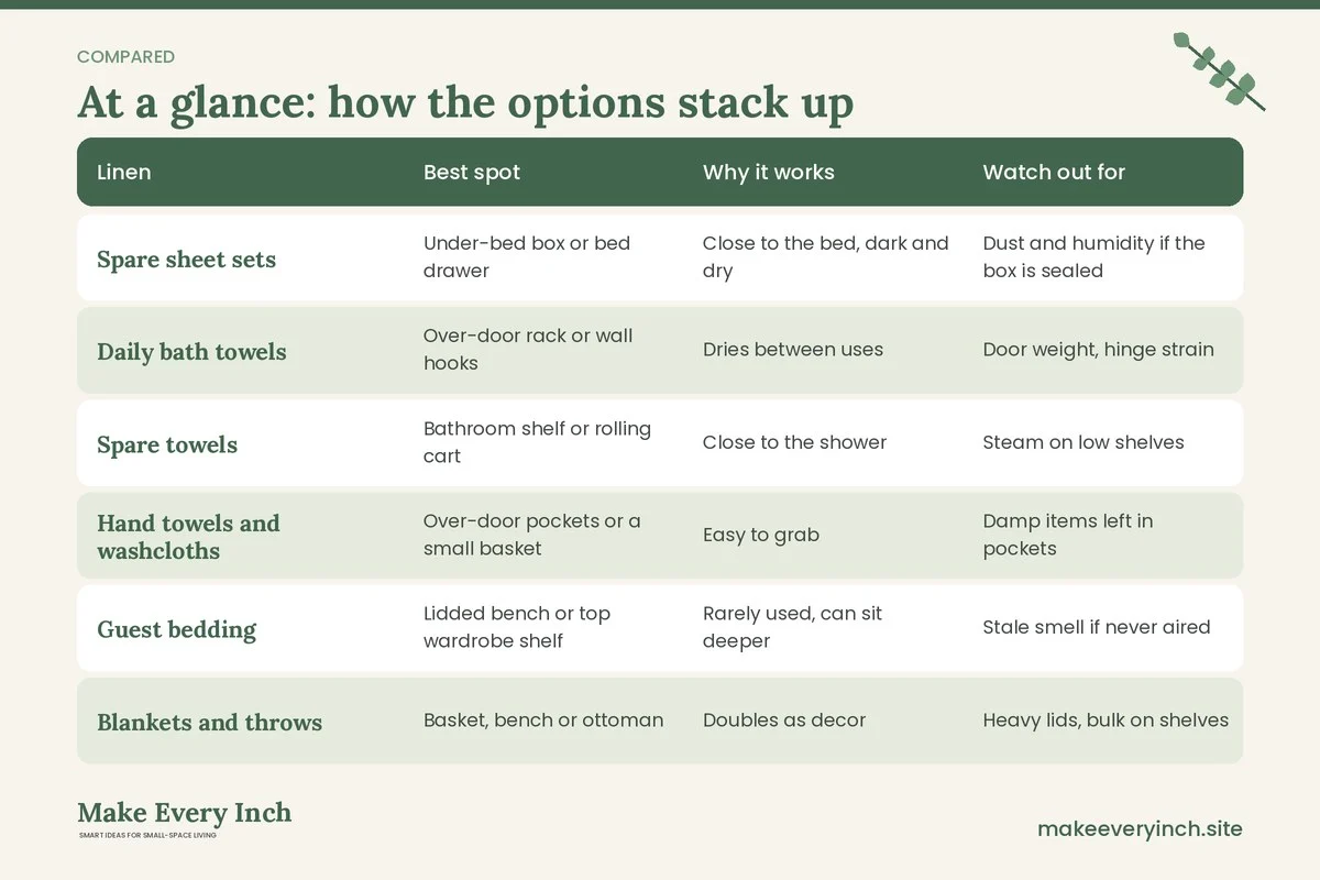 Comparison table of options for: Linen Storage Ideas Without a Linen Closet (Linen, Best spot, Why it works, Watch out for)