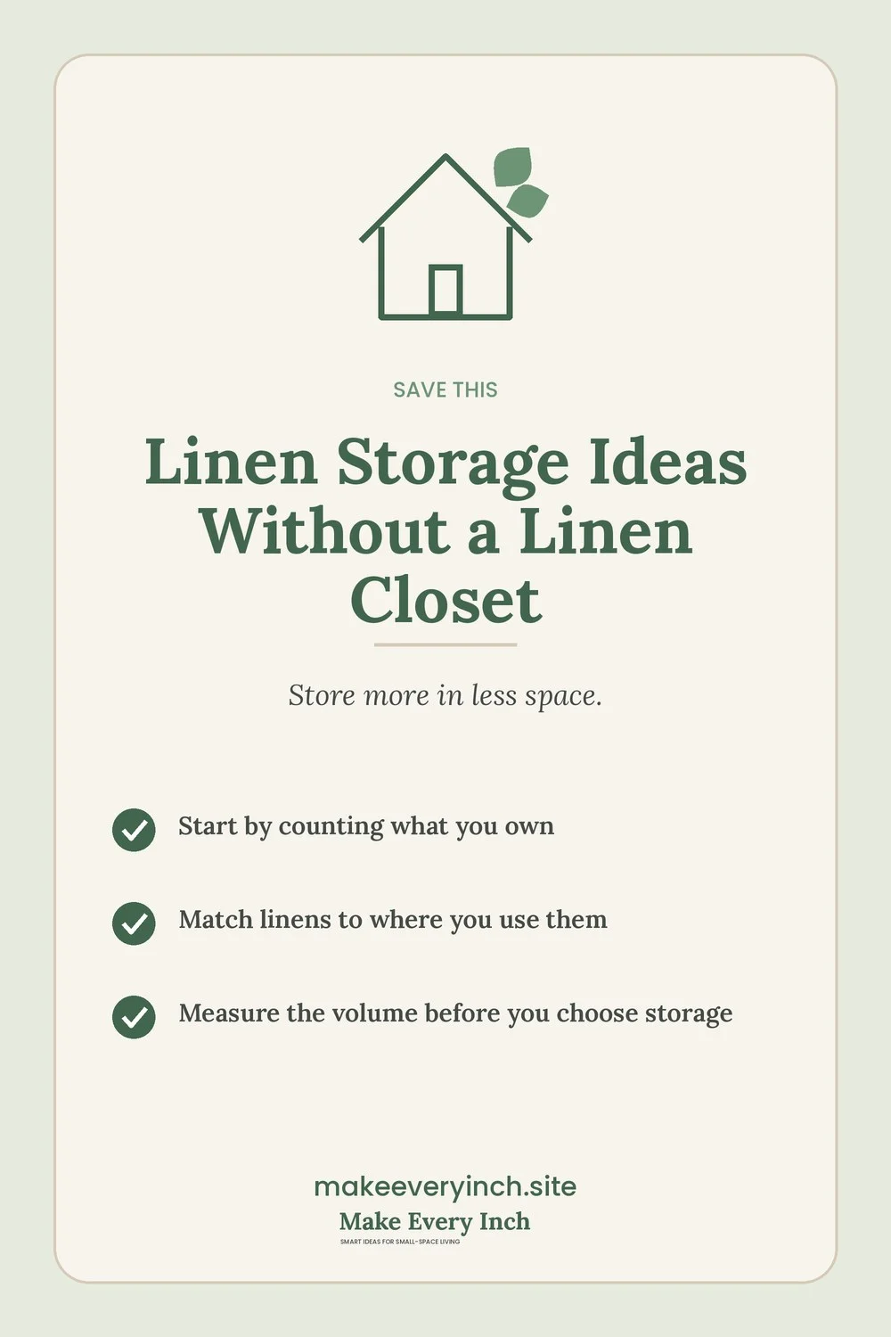 Save-this Pinterest pin with a short checklist for: Linen Storage Ideas Without a Linen Closet