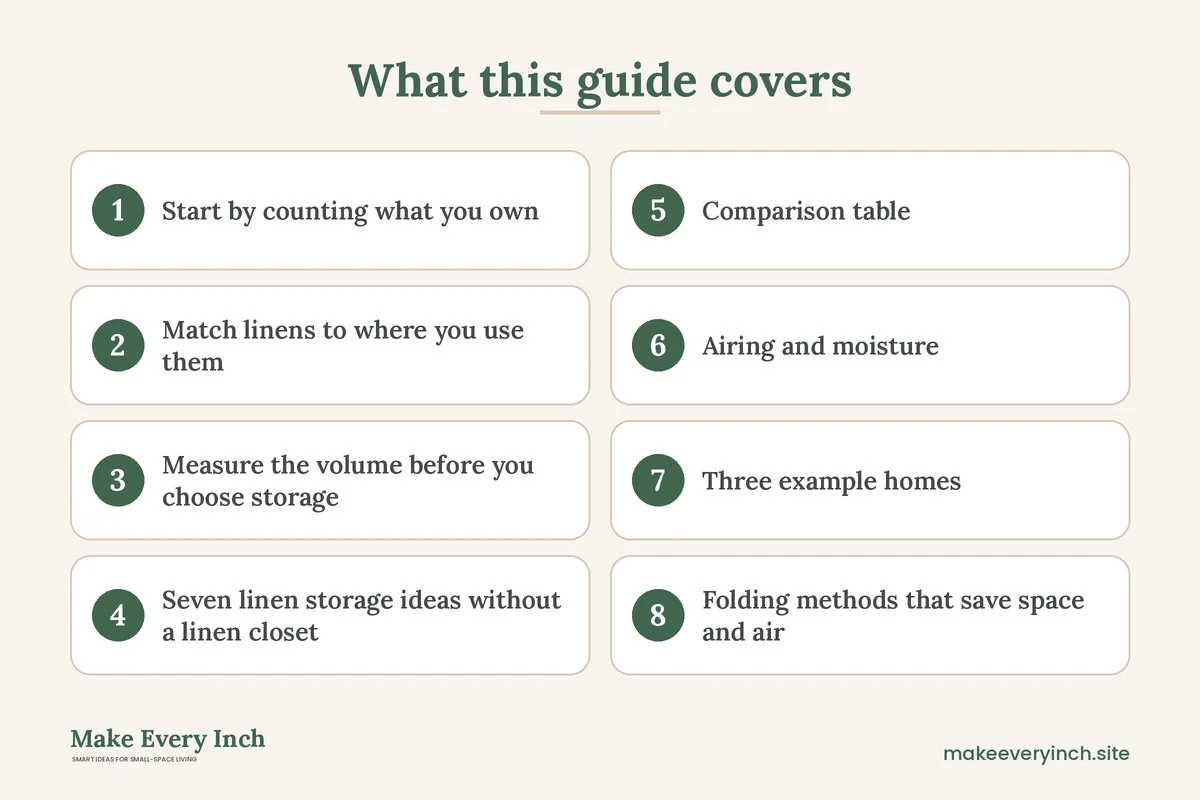 Graphic listing 8 topics covered in: Linen Storage Ideas Without a Linen Closet