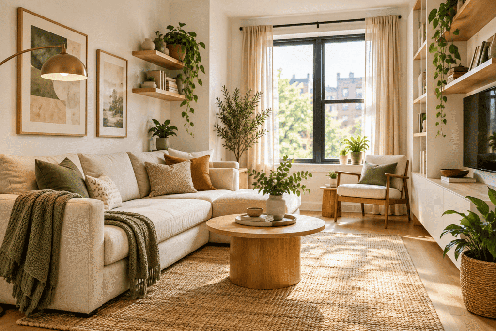 Small apartment living room with compact furniture and smart storage