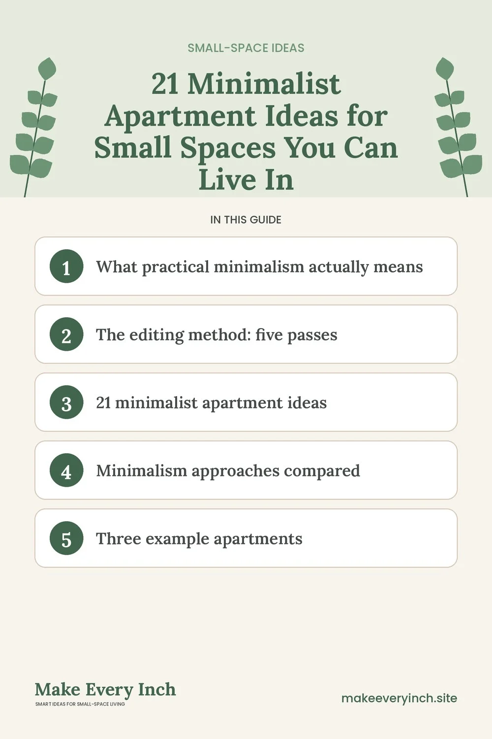 Pinterest pin listing the main topics in: 21 Minimalist Apartment Ideas for Small Spaces You Can Live In