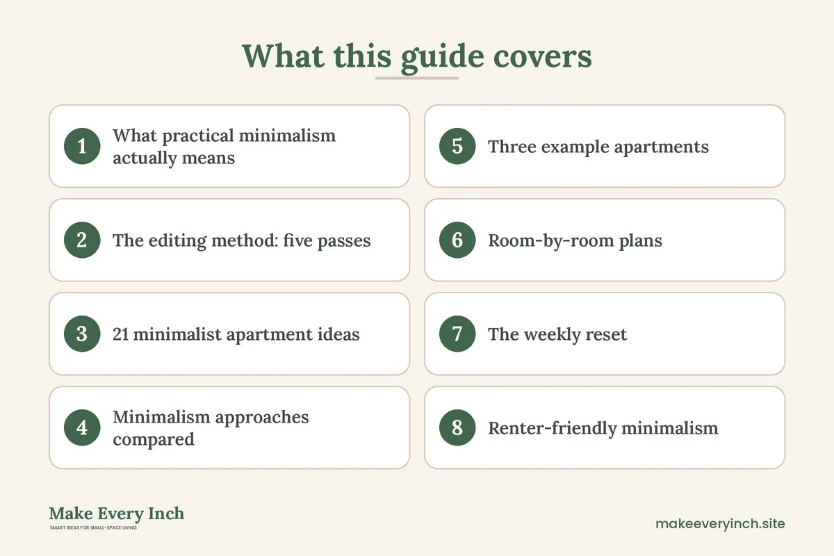 Graphic listing 8 topics covered in: 21 Minimalist Apartment Ideas for Small Spaces You Can Live In