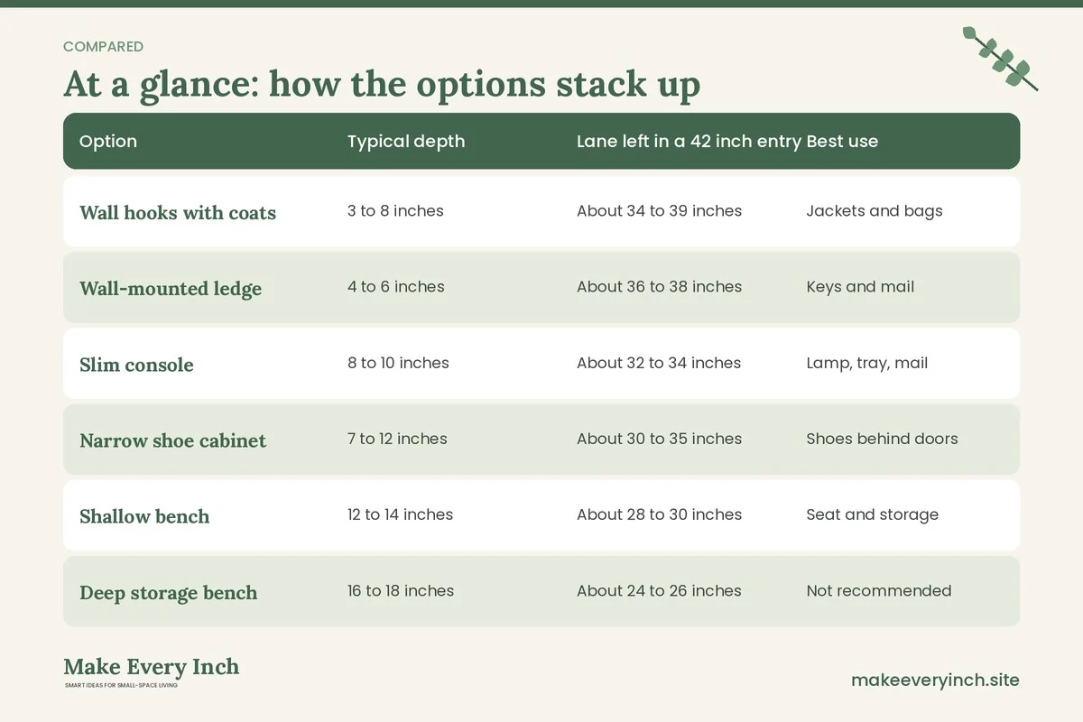 Comparison table of options for: Narrow Entryway Ideas for Better Flow (Option, Typical depth, Lane left in a 42 inch entry, Best use)