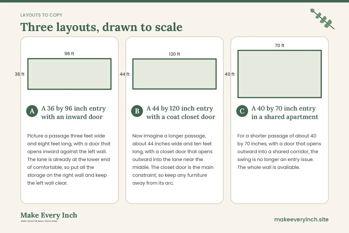 Three room layouts drawn to scale with dimensions and placement notes for: Narrow Entryway Ideas for Better Flow