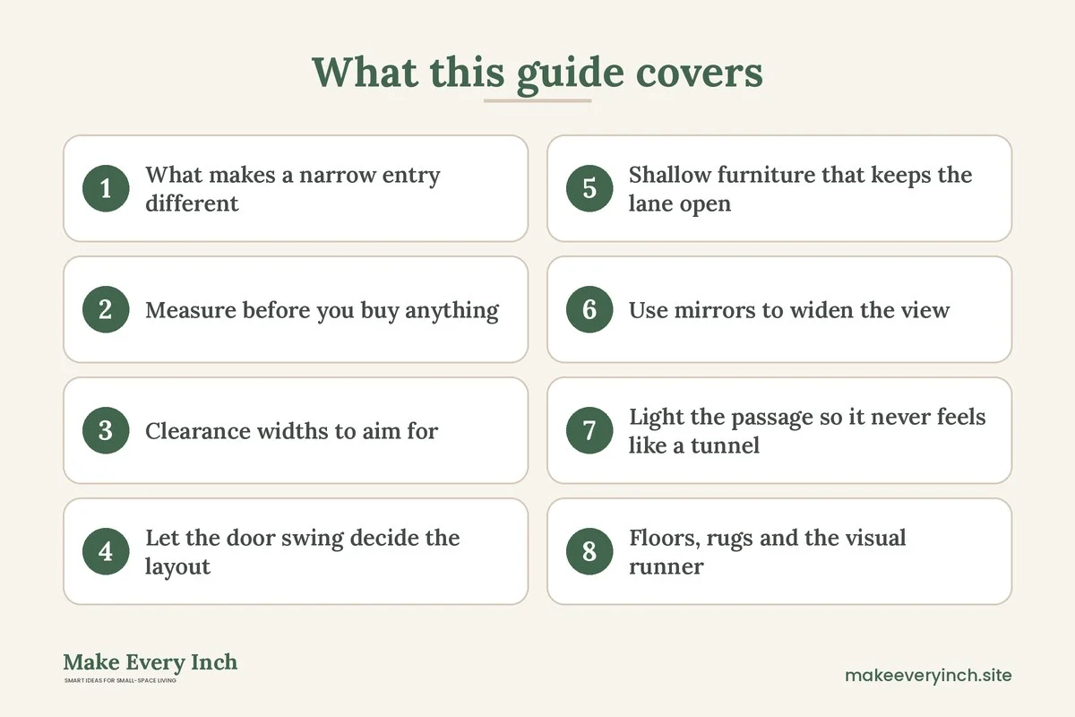 Graphic listing 8 topics covered in: Narrow Entryway Ideas for Better Flow