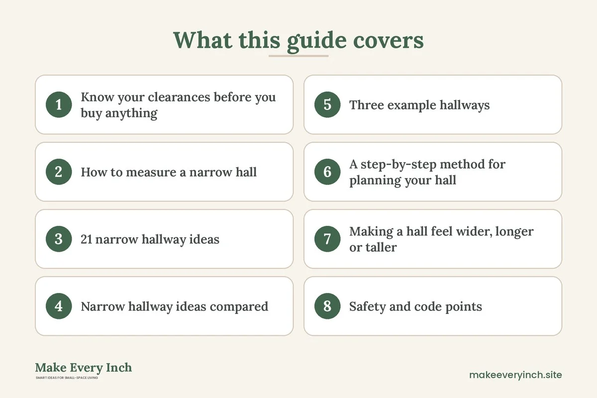 Graphic listing 8 topics covered in: 21 Narrow Hallway Ideas That Make a Skinny Hall Useful