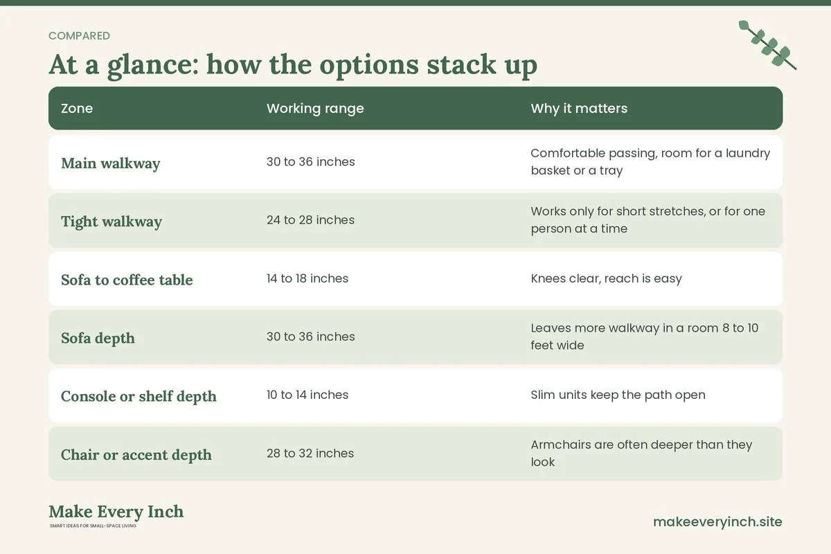 Comparison table of options for: 15 Narrow Living Room Ideas Budget Fixes for Long Thin Rooms (Zone, Working range, Why it matters)