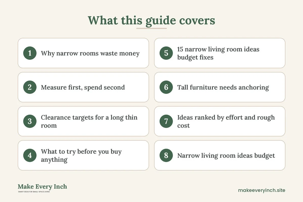 Graphic listing 8 topics covered in: 15 Narrow Living Room Ideas Budget Fixes for Long Thin Rooms