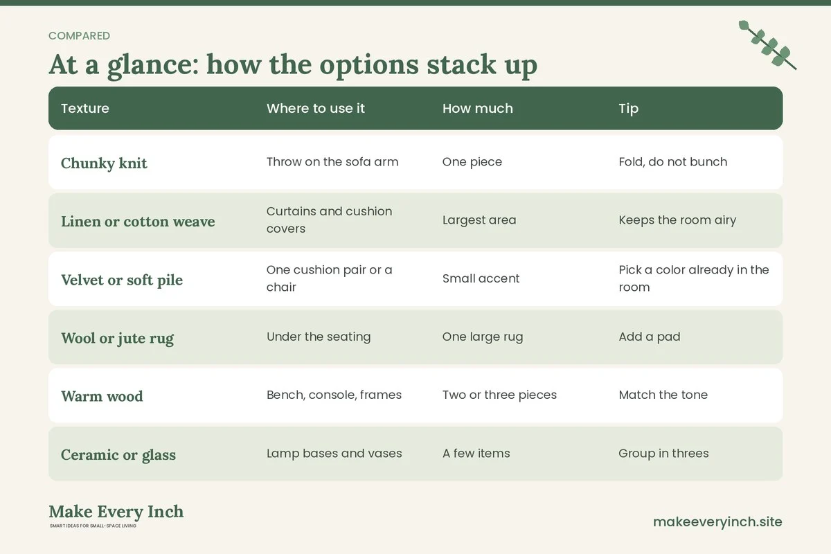 Comparison table of options for: 14 Narrow Living Room Ideas Cozy Enough to Warm Up a Long, Thin Space (Texture, Where to use it, How much, Tip)