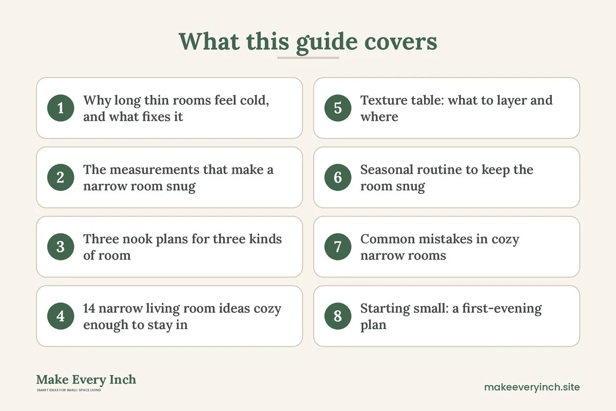 Graphic listing 8 topics covered in: 14 Narrow Living Room Ideas Cozy Enough to Warm Up a Long, Thin Space