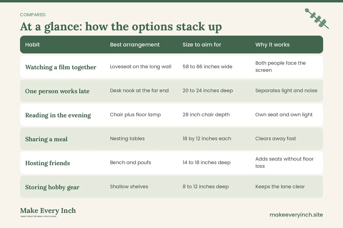 Comparison table of options for: 15 Narrow Living Room Ideas for Couples Who Share a Long, Thin Space (Habit, Best arrangement, Size to aim for, Why it works)