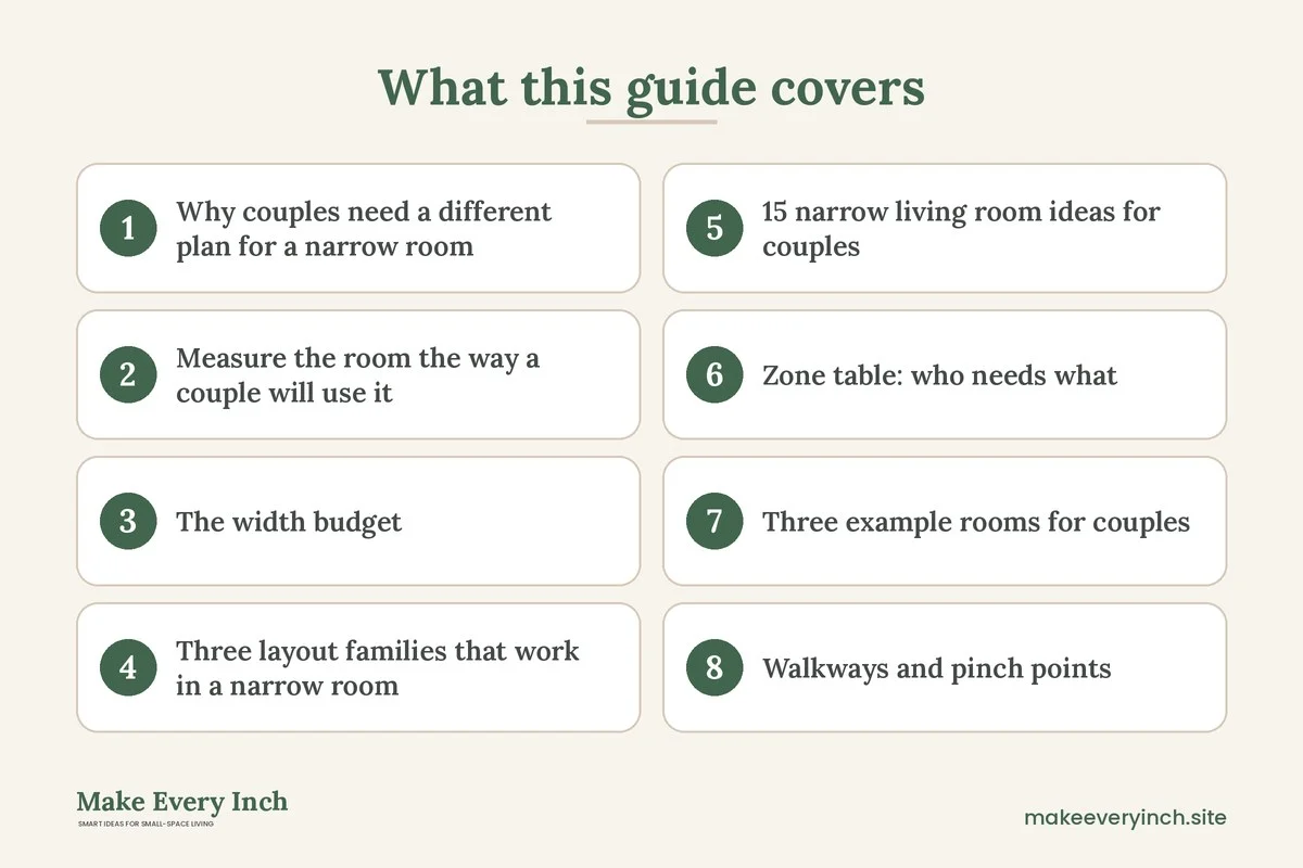 Graphic listing 8 topics covered in: 15 Narrow Living Room Ideas for Couples Who Share a Long, Thin Space