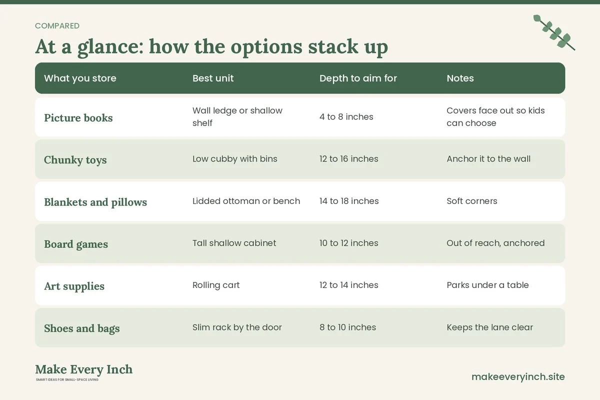 Comparison table of options for: 15 Narrow Living Room Ideas for Families With Kids and Play Space (What you store, Best unit, Depth to aim for, Notes)