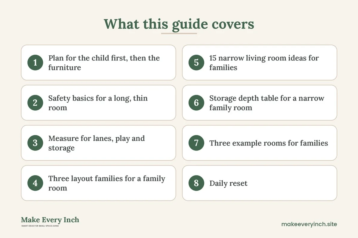 Graphic listing 8 topics covered in: 15 Narrow Living Room Ideas for Families With Kids and Play Space