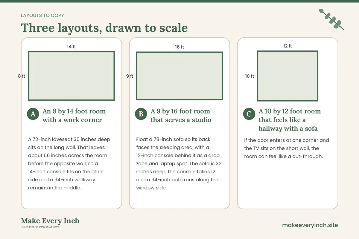 Three room layouts drawn to scale with dimensions and placement notes for: 12 Narrow Living Room Ideas for Women
