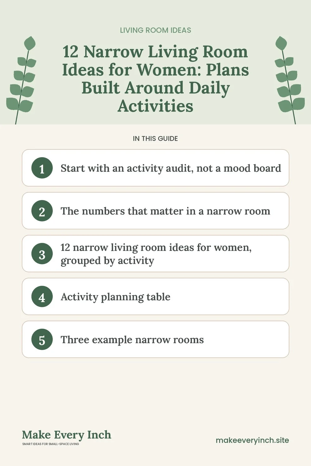 Pinterest pin listing the main topics in: 12 Narrow Living Room Ideas for Women