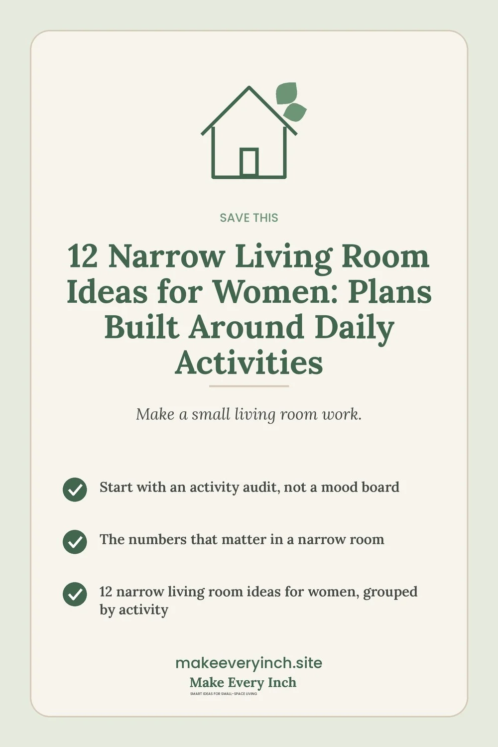 Save-this Pinterest pin with a short checklist for: 12 Narrow Living Room Ideas for Women