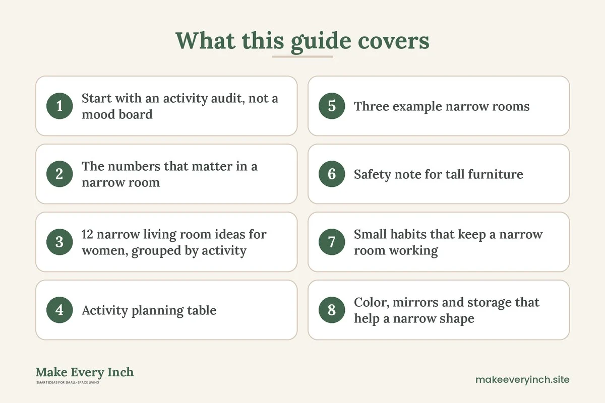 Graphic listing 8 topics covered in: 12 Narrow Living Room Ideas for Women