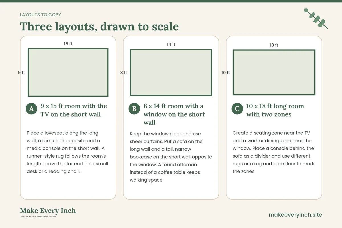 Three room layouts drawn to scale with dimensions and placement notes for: Narrow Living Room Ideas