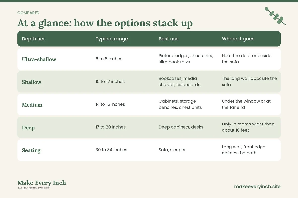 Comparison table of options for: 14 Narrow Living Room Ideas IKEA-Style Flat-Pack Setups Can Solve (Depth tier, Typical range, Best use, Where it goes)