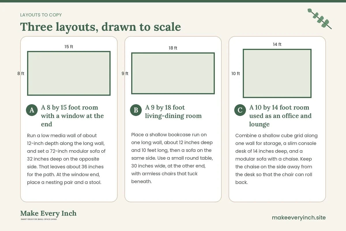 Three room layouts drawn to scale with dimensions and placement notes for: 14 Narrow Living Room Ideas IKEA-Style Flat-Pack Setups Can Solve
