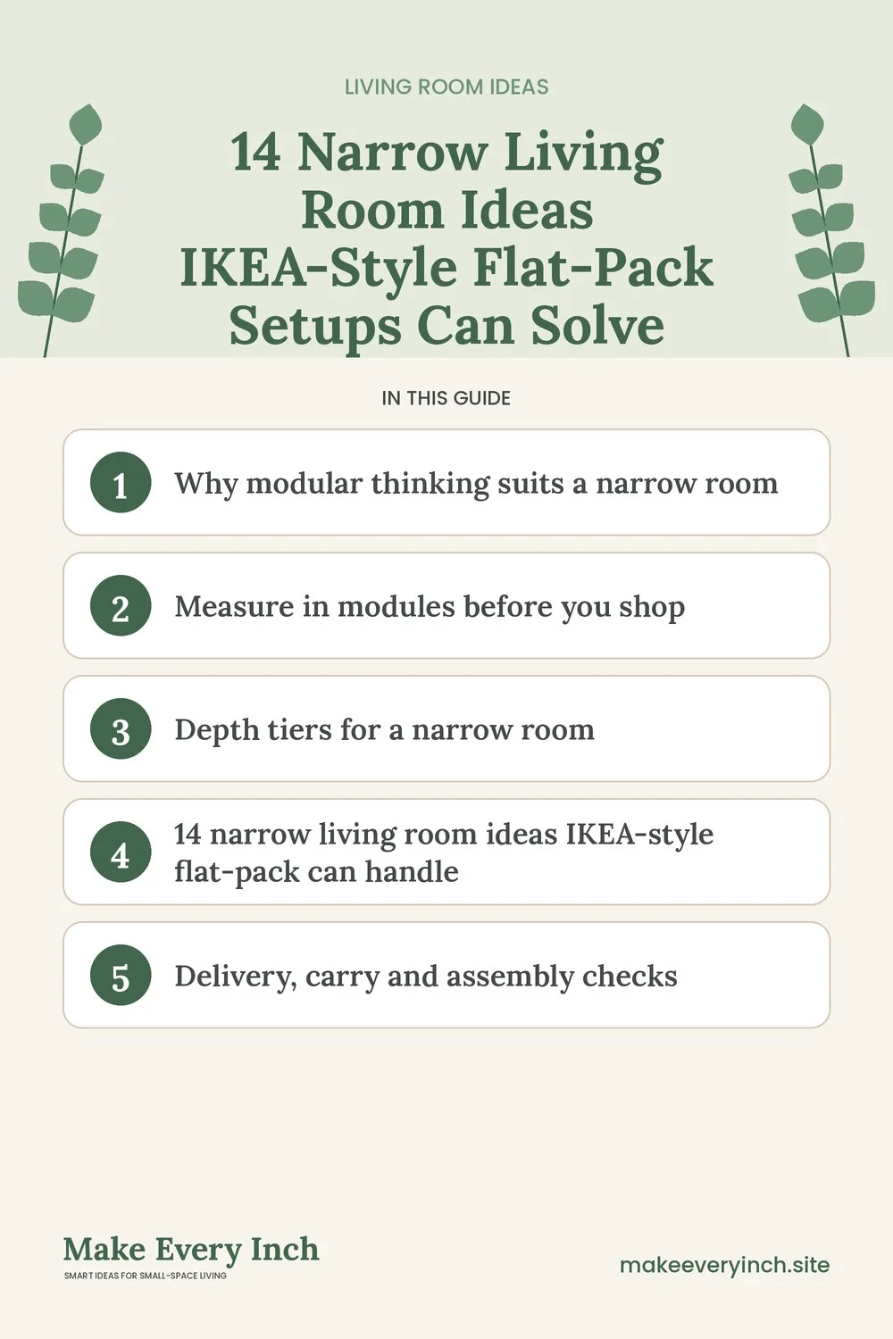 Pinterest pin listing the main topics in: 14 Narrow Living Room Ideas IKEA-Style Flat-Pack Setups Can Solve