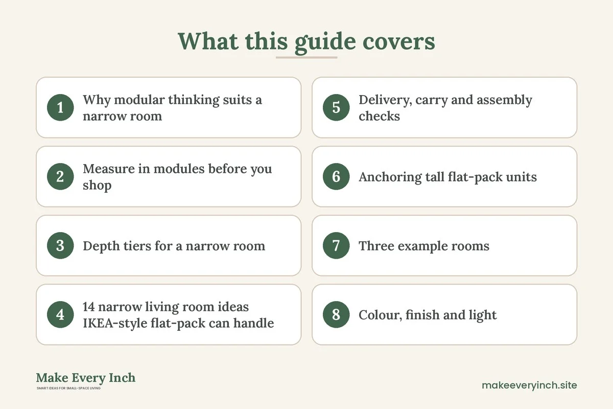 Graphic listing 8 topics covered in: 14 Narrow Living Room Ideas IKEA-Style Flat-Pack Setups Can Solve