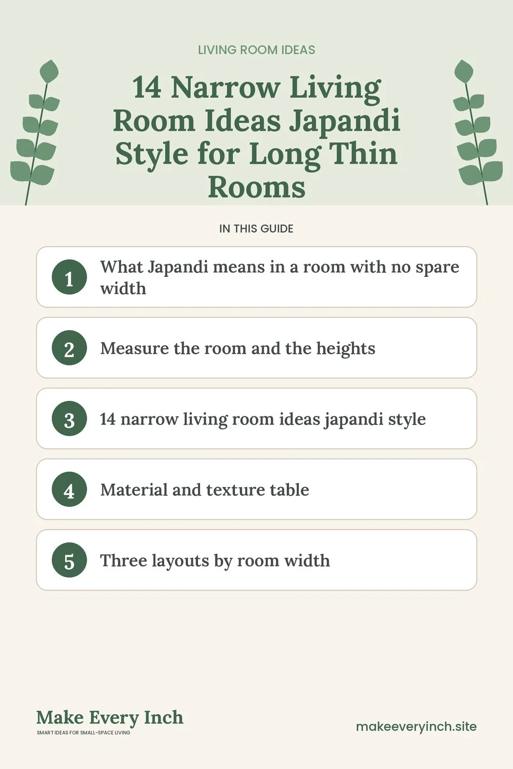 Pinterest pin listing the main topics in: 14 Narrow Living Room Ideas Japandi Style for Long Thin Rooms