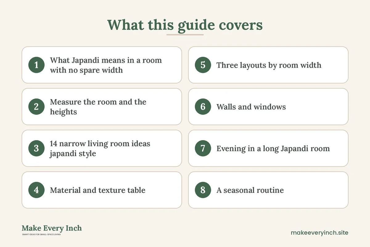 Graphic listing 8 topics covered in: 14 Narrow Living Room Ideas Japandi Style for Long Thin Rooms