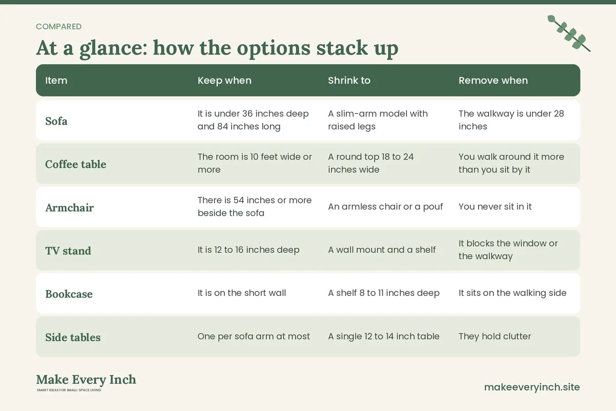Comparison table of options for: 15 Narrow Living Room Ideas Minimalist Style for Long Thin Rooms (Item, Keep when, Shrink to, Remove when)