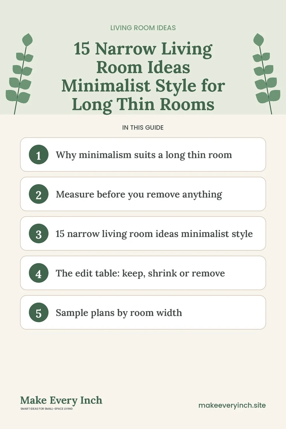Pinterest pin listing the main topics in: 15 Narrow Living Room Ideas Minimalist Style for Long Thin Rooms